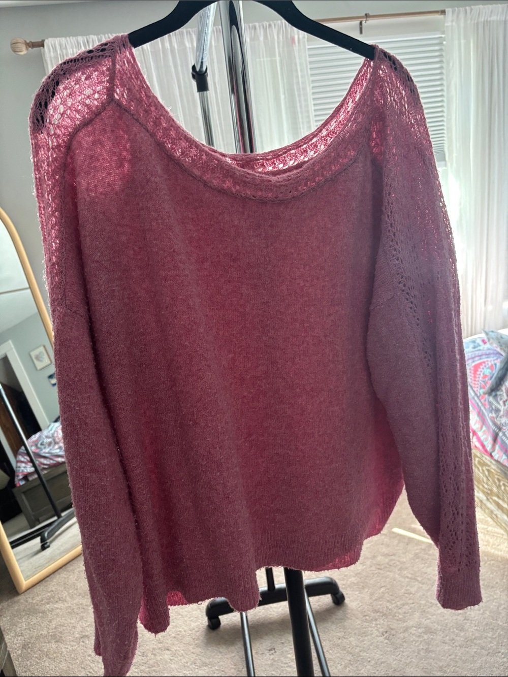 American Eagle Outfitters Dusty Rose Open-Knit Off-Shoulder Sweater